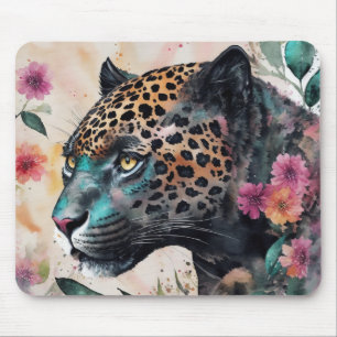 Jaguar Watercolor Floral Art Mouse Pad