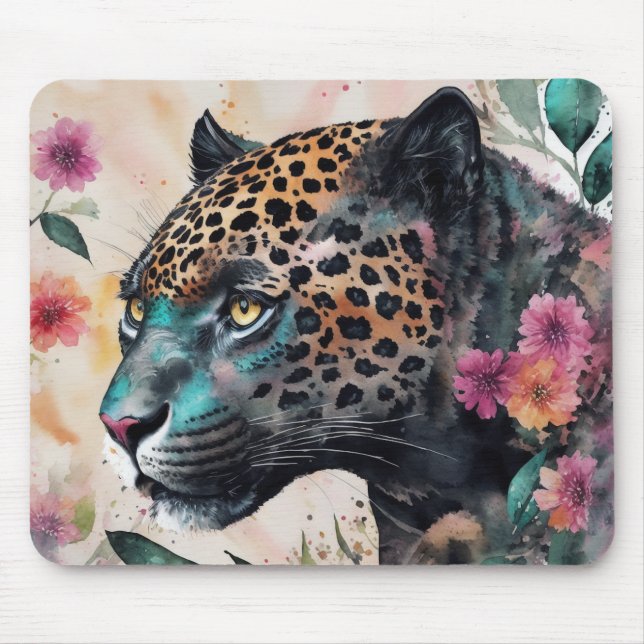 Jaguar Watercolor Floral Art Mouse Pad (Front)