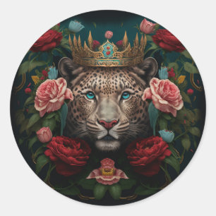 Jaguar with Crown in Flowers Painting Classic Round Sticker