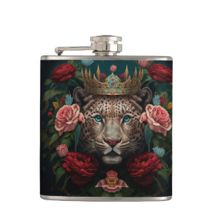 Jaguar with Crown in Flowers Painting              Hip Flask
