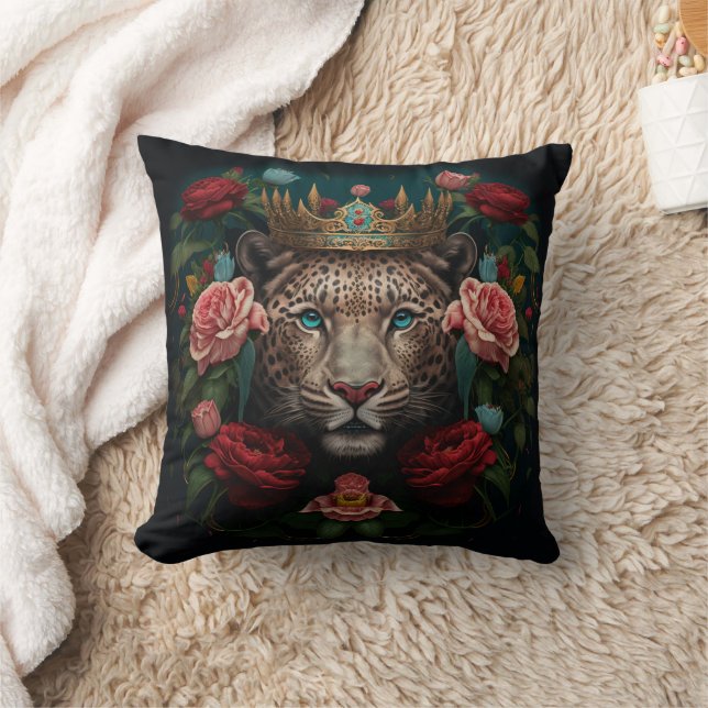 Jaguar with Crown in Flowers Painting              Throw Pillow (Blanket)