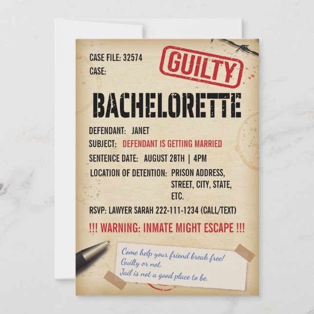 Jail Escape Room bachelorette Invitation (Devant)