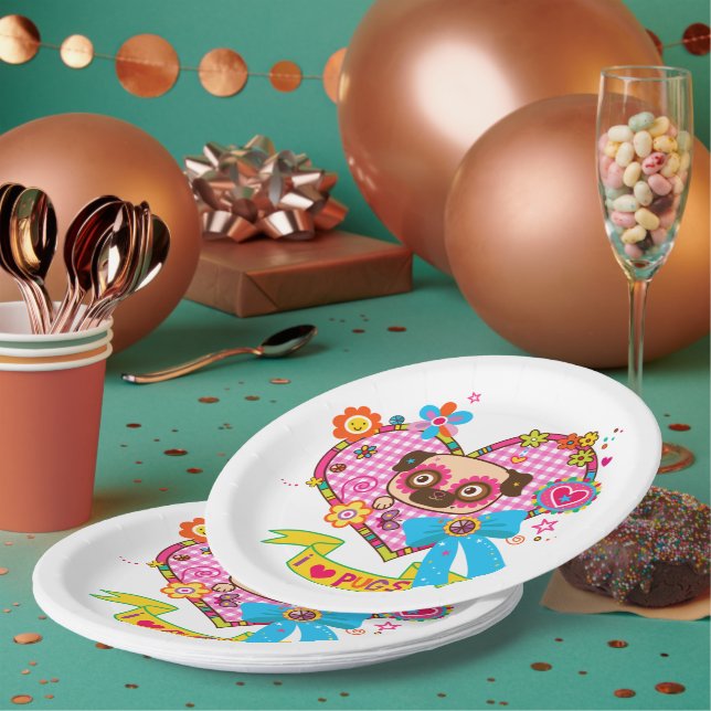 J'Aime Les Carlins ! Assiettes en Papier. (Multi)