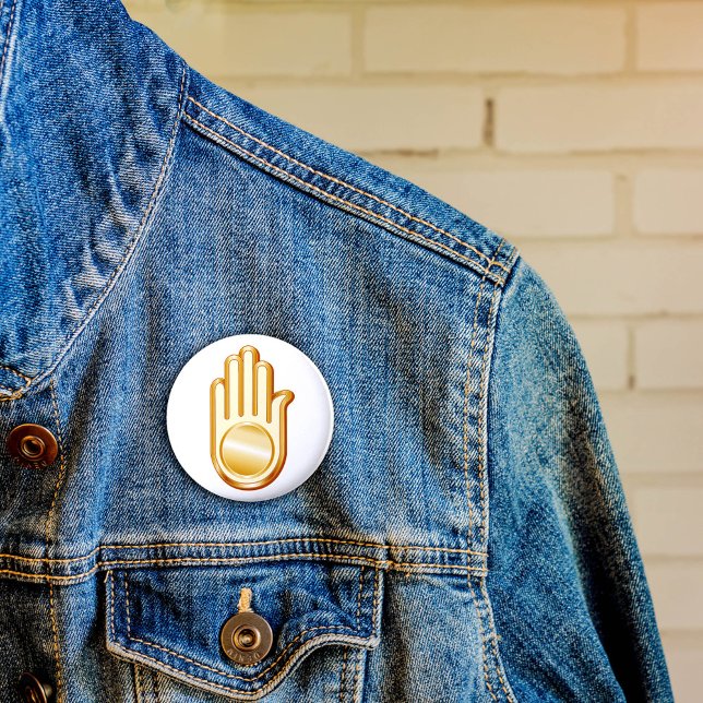 Jain Symbol 2 Inch Round Button (Golden Ahimsa symbol of the Jain faith. )