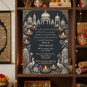 Jaipur Mahal Jharokha Diwali Silver Jewel Tones Invitation