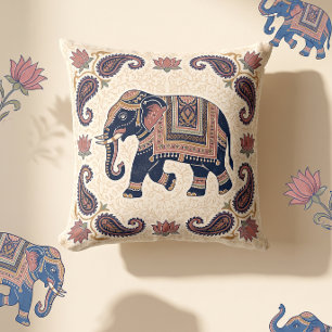 Jaipuri Auspicious Elephant Print Pattern Diwali Throw Pillow