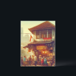 Jakarta Street Coffee Shop  Holiday Postcard<br><div class="desc">This artwork beautifully captures the charm of a small Indonesian coffee shop in Jakarta nestled in a sunlit street. The warm golden hues of the late afternoon create a nostalgic and cozy atmosphere, where locals gather for conversation and a fresh cup of coffee. The rustic wooden structure, adorned with vintage...</div>