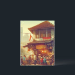 Jakarta Street Coffee Shop  Holiday Postcard<br><div class="desc">This artwork beautifully captures the charm of a small Indonesian coffee shop in Jakarta nestled in a sunlit street. The warm golden hues of the late afternoon create a nostalgic and cozy atmosphere, where locals gather for conversation and a fresh cup of coffee. The rustic wooden structure, adorned with vintage...</div>