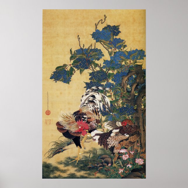 Jakuchu, Rooster and Hen with Hydrangeas Posters (Front)