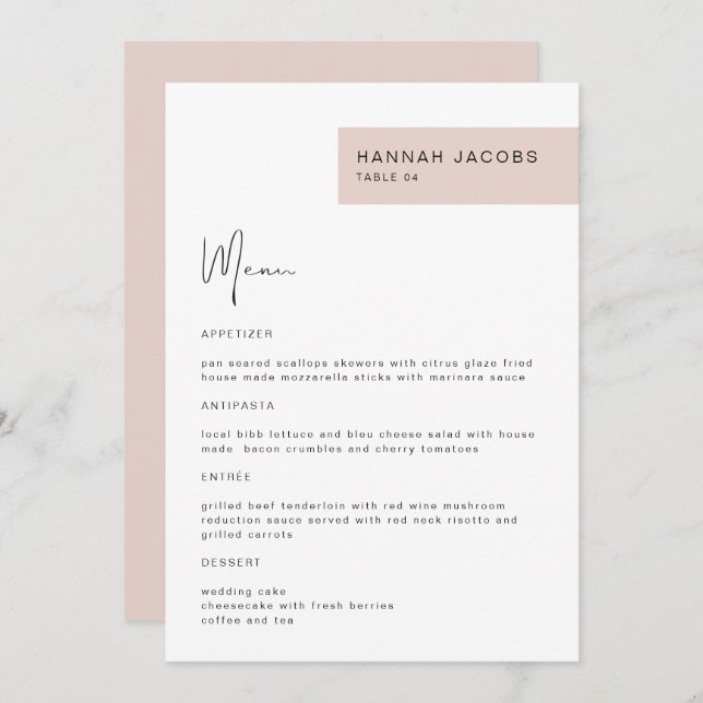 JALAINE Modern Blush Guest Name Dinner Menu (Front/Back)