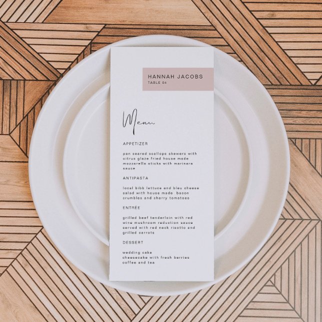 JALAINE Modern Blush Invité Nom Dîner Menu (Créateur téléchargé)
