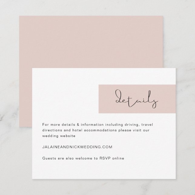 JALAINE Modern Blush Pink Mariage Détails Carte (Devant / Derrière)