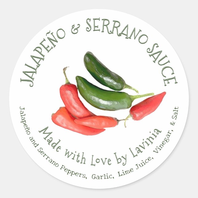 Jalapeño & Serrano Hot Pepper Sauce Made with Love Classic Round Sticker (Front)