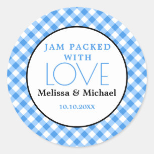 Jam Packed With Love Blue Gingham Wedding Favour  Classic Round Sticker