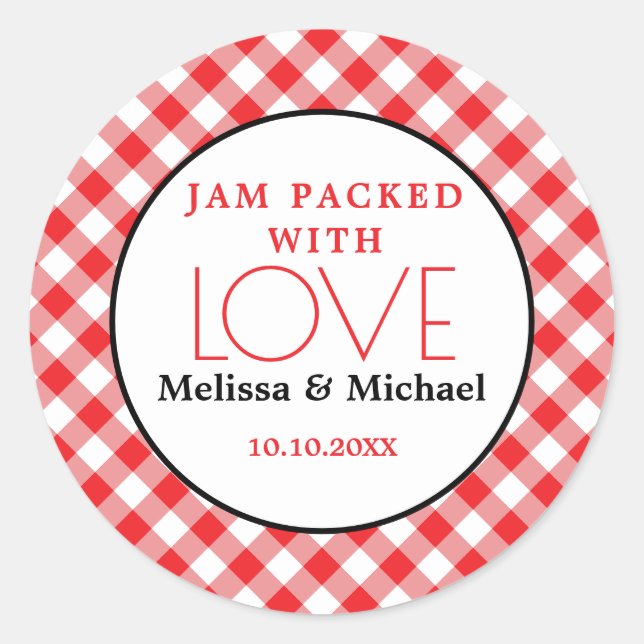 Jam Packed With Love Red Gingham Wedding Favour Classic Round Sticker (Front)