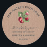 Jam Packed with Love Strawberry Jam Wedding Favour Classic Round Sticker<br><div class="desc">Vintage Strawberry illustration wedding favour tag,  Jam packed with love. This is a template ready for you to add your details to.</div>