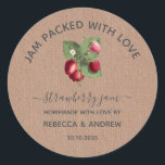 Jam Packed with Love Strawberry Jam Wedding Favour Classic Round Sticker<br><div class="desc">Vintage Strawberry illustration wedding favour tag,  Jam packed with love. This is a template ready for you to add your details to.</div>