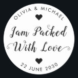 Jam Packed With Love Wedding Party Jam Jar Favour Classic Round Sticker<br><div class="desc">A Classic Black Wedding Jam Jelly Jar Favour Label Sticker featuring "Jam Packed With Love" in a rustic modern elegant font calligraphy and heart accents. 
You can easily personalized it with your names and wedding date.</div>