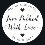 Jam Packed With Love Wedding Party Jam Jar Favour Classic Round Sticker<br><div class="desc">A Classic Black Wedding Jam Jelly Jar Favour Label Sticker featuring "Jam Packed With Love" in a rustic modern elegant font calligraphy and heart accents. 
You can easily personalized it with your names and wedding date.</div>