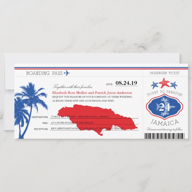 Jamaica Blue/Red Palm Tree Starfish Boarding Pass Invitation (Front)