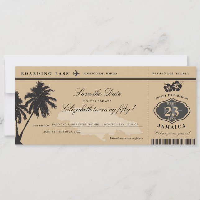 Jamaica Boarding Pass Save the Date Birthday (Front)