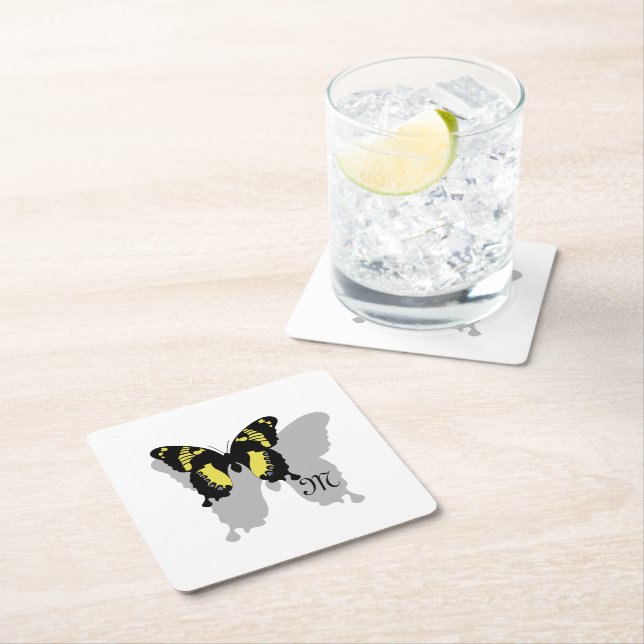 Jamaica Butterfly Shadow Monogram Square Paper Coaster (Insitu)