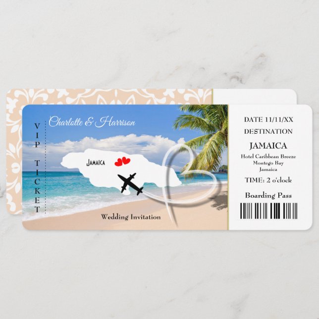 Jamaica Destination Wedding Ticket Pass  Invitation (Front/Back)