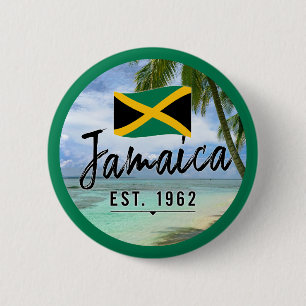 "Jamaica Est. 1962" Beach With Jamaica Flag Art 2 Inch Round Button