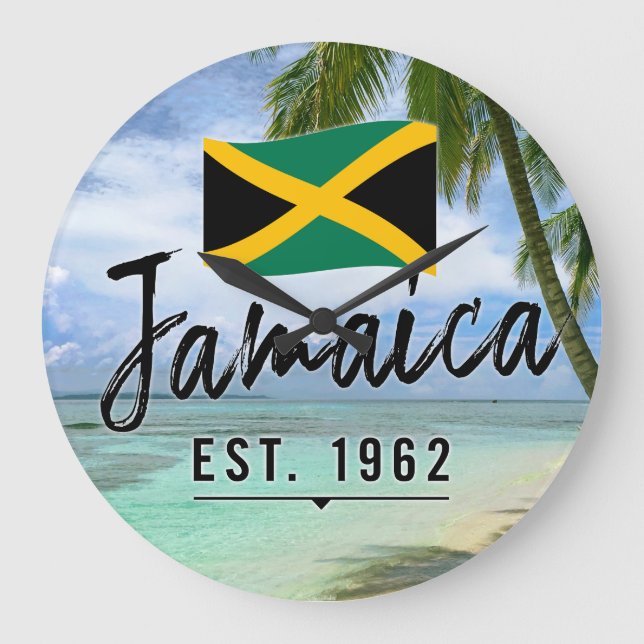 "Jamaica Est. 1962" Beach With Jamaica Flag Art Large Clock (Front)