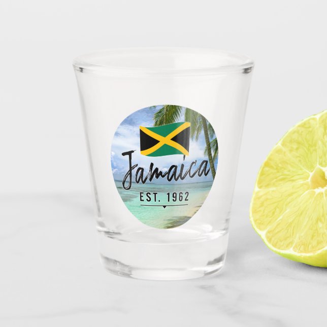 "Jamaica Est. 1962" Beach With Jamaica Flag Art Shot Glass (Front)