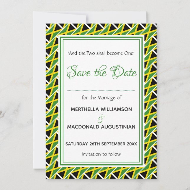 JAMAICA FLAG Customized Scripture Stylish Jamaican Save The Date (Front)