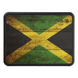 Jamaica Flag on Old Wood Grain Trailer Hitch Cover