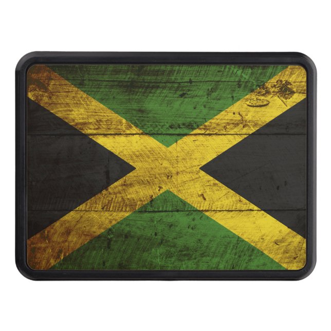Jamaica Flag on Old Wood Grain Trailer Hitch Cover (Front)