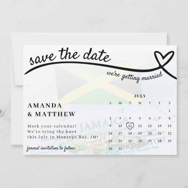 Jamaica Heart Calendar Wedding  Save The Date (Front)