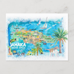 Jamaica Illustrated Travel Map with Roads Holiday Postcard