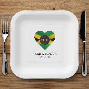 Jamaica Jamaican Flag Heart Monogram Wedding Paper Plate