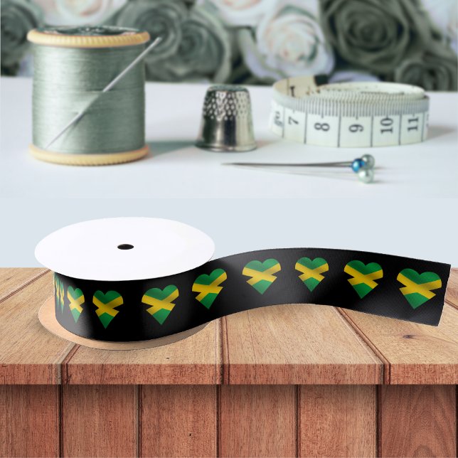 Jamaica Jamaican Flag Heart Pattern Black Satin Ribbon (Jamaica heart Jamaican flag black ribbon)