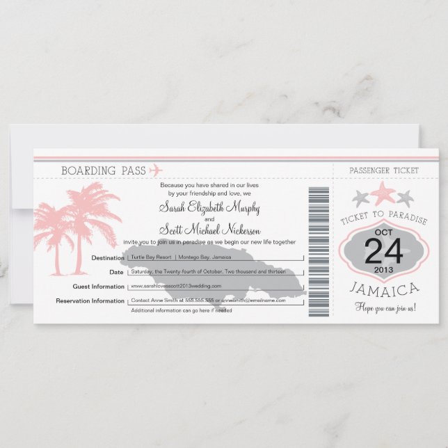 Jamaica Pink Grey Boarding Pass Wedding Invitation (Front)