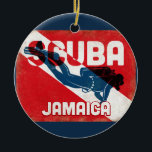Jamaica Scuba Diver - Blue Retro Ceramic Ornament<br><div class="desc">Jamaica Caribbean scuba diving design. A vintage style retro red scuba flag background with navy blue scuba diver.</div>
