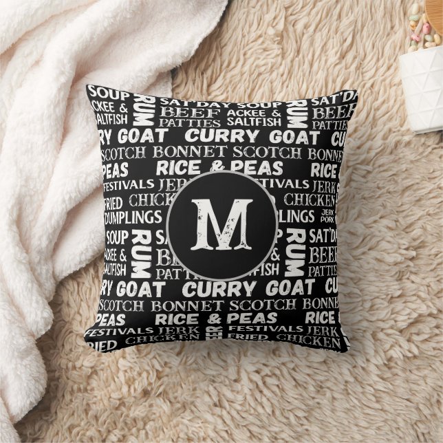 Jamaican Cuisine Caribbean Chef Black Monogram Throw Pillow (Blanket)