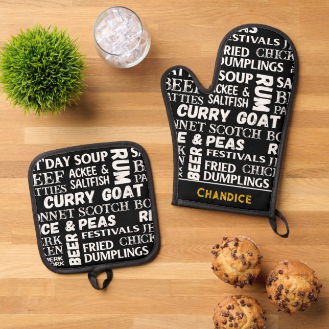 Jamaican Cuisine Caribbean Restaurant Chef Oven Mitt & Pot Holder Set (Top Down)