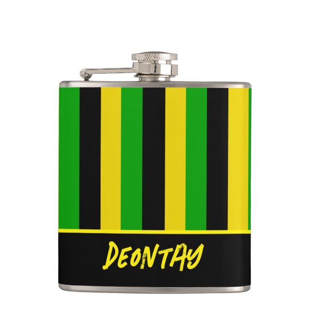 Jamaican Flag Coloured Stripes Add Name Hip Flask (Front)