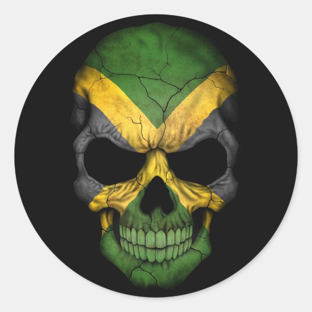 Jamaican Flag Skull on Black Classic Round Sticker (Front)