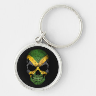 Jamaican Flag Skull on Black Keychain
