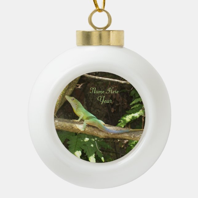 Jamaican Green Lizard Ceramic Ball Christmas Ornament (Front)