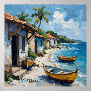 Jamaican homes by the sea shore poster