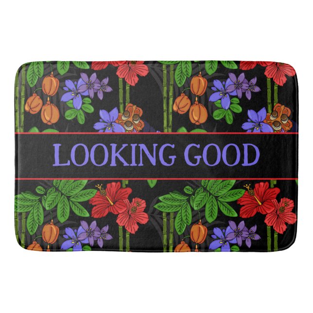 Jamaican Jungle Tropical Flowers and Fruit Black Bath Mat (Front)