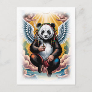 Jamaican Panda surrounded by Angels on a White Holiday Postcard