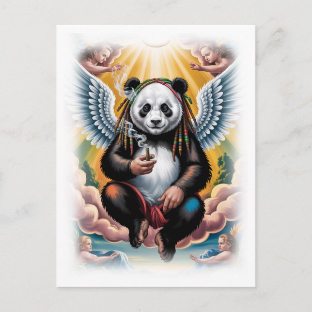 Jamaican Panda surrounded by Angels on a White Holiday Postcard (Front)