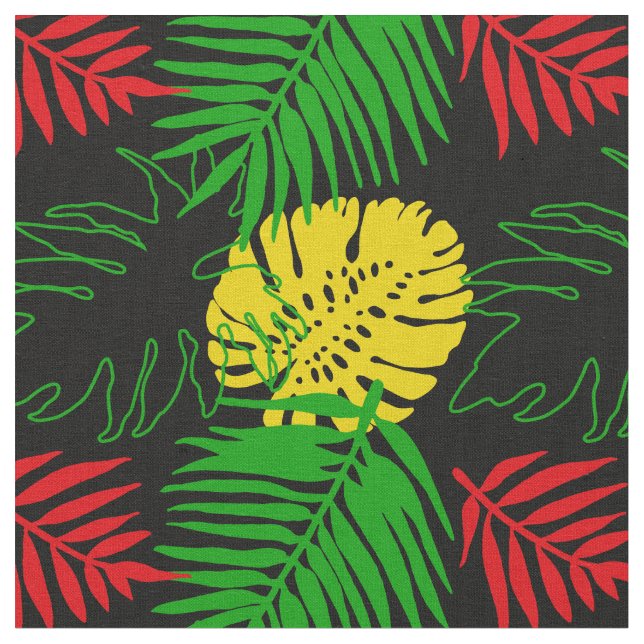 Jamaican Red Yellow Green Tropical Patterned Fabric (Close Up)